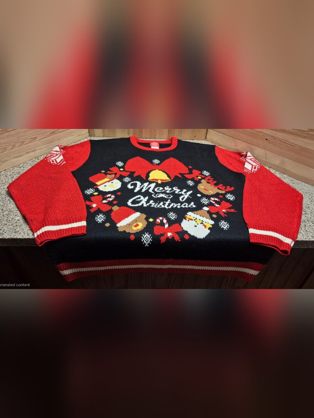 Ugly Christmas Sweater XL Black Red Merry Christmas Wreath Santa Reindeer Knit